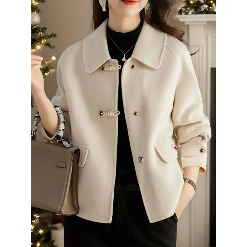 

Short small double-sided fleece woolen coat, fashionable stroke buckle loose top and coat