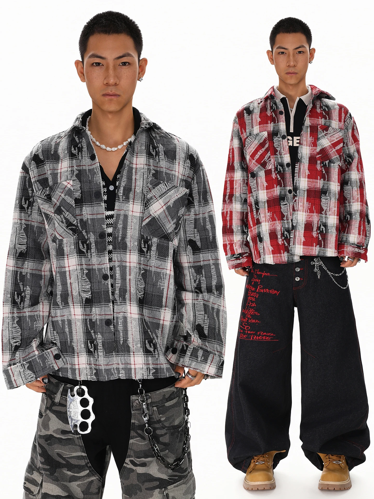 

Trendy Tear Plaid Design Men's Shirt Spring New Loose Fit Shirt Youthful Style Long Sleeve Button up Casual Wear