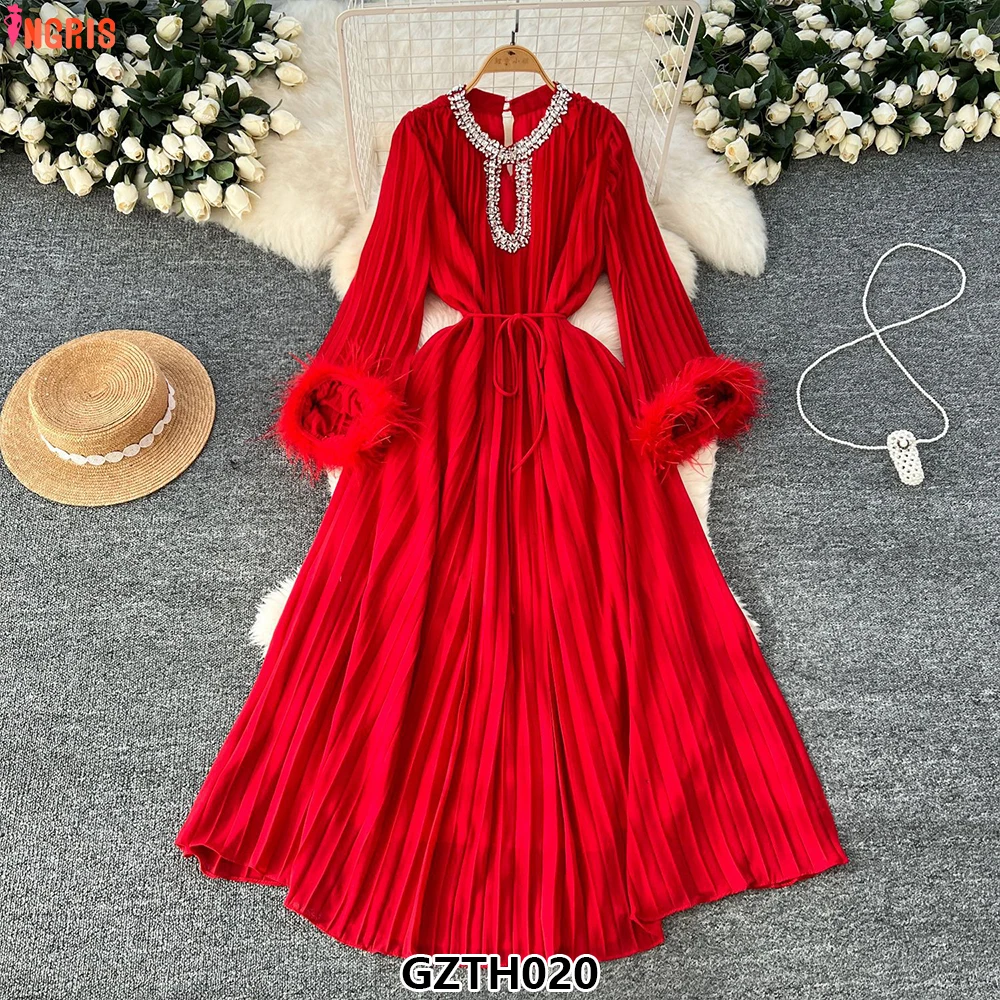 

New Women's Solid Color Dress Round Neck With Diamond Loose Fluffy Patchwork Pleated Skirt-GZTH020