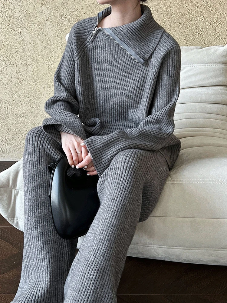 [EAM] Big Size Zipper Sweater Wide Leg Pants Two Piece Suit New Turtleneck Long Sleeve Women Fashion Tide Spring Autumn 2024 00