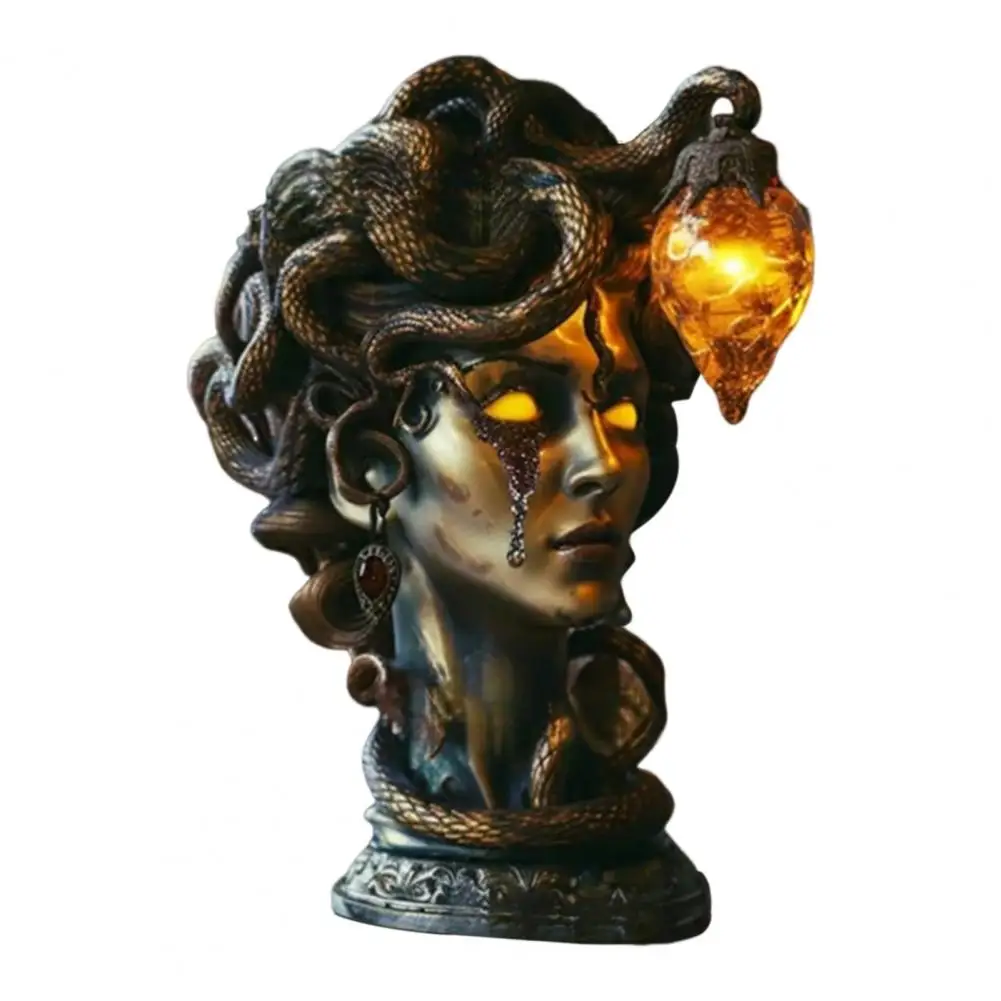 Resin Statue Desk Lamp Gorgon Table Lamp Night Light Retro Mythology Gorgon Statue Desk Lamp Decorative Bedroom Room Fixture