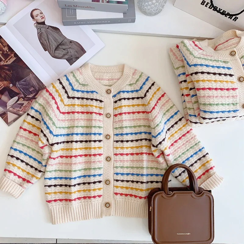 

Girl Sweater Girl Cardigan 2023 Autumn New Girls Colored Striped Sweater Cardigan Korean Children Fashion Sweater Kid Clothes