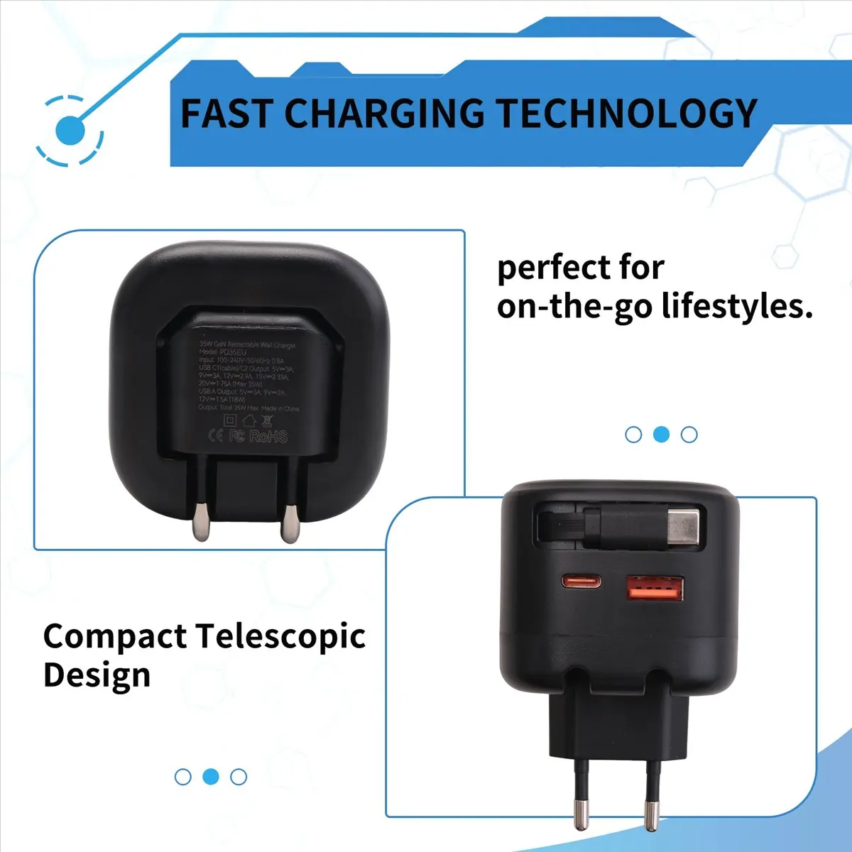 USB TYPEC Retractable Line Charger 35W Fast Charge PD Lithium Battery Charger Travel Adapter Suitabl