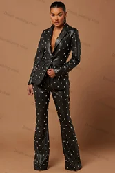 PU Leather Pears Women Suits Pant Set 2 Pcs Blazer+Trousers Customized Black Prom Dress Wedding Tuxedo Formal Office Lady Jacket