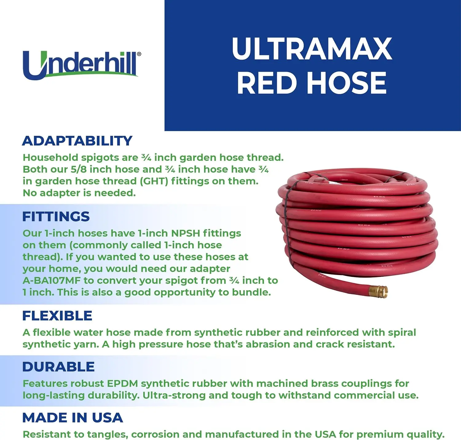 Underhill UltraMax Commercial Garden Water Hose 100 ft, Rubber, Flexible, Anti-Kink, 200 psi WP, 800 psi BP, H10-100