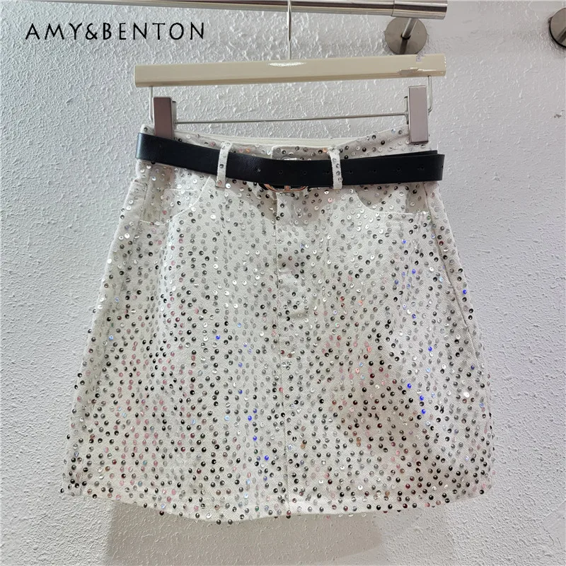 

Fashion Clothes Sequined Pink Short Skirt Women's 2024 Summer New Korean Style Version Slimming A-line Denim Mini Skirt 3 Colors