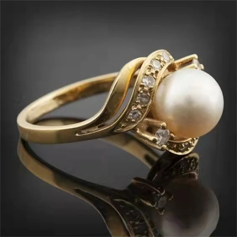 ORZTOO 2024 New Exquisite Geometric Gold Inlaid Pearl Sparkling Zircon Ring Suitable For Women bBrthday Party Jewelry