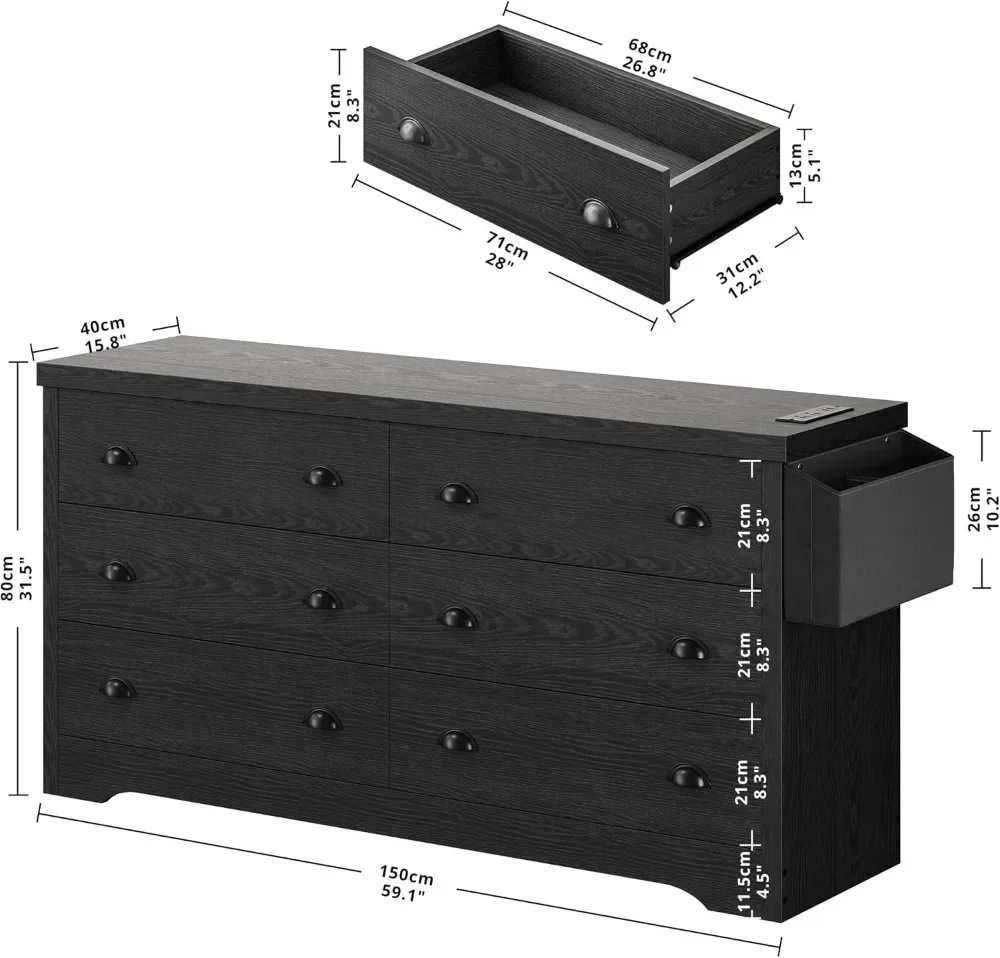 Dresser 8 Drawer, Modern Wood Bedroom Dresser with with Charging Station and Storage Bag, Storage Chest of Drawers for Living