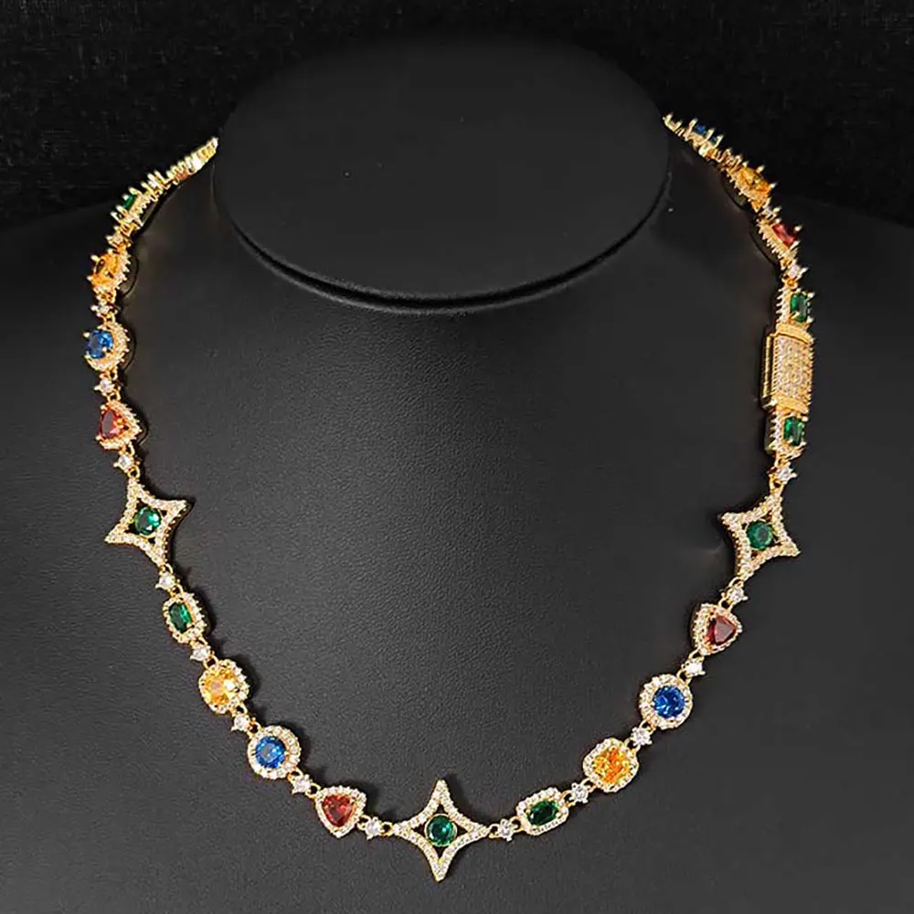 Hip Hop Jewelry Women Colored Zircon Iced Out Necklace Green/Blue/Red/yellow Crystal Gemstone Link Chain Necklace 18kGold Plated