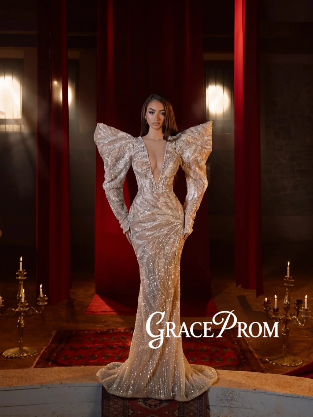 

Special Luxurious Beaded Evening Dress Illusion Deep Vneck Wedding Party Gown Customized Floor-length Mermaid Red Carpet Gowns