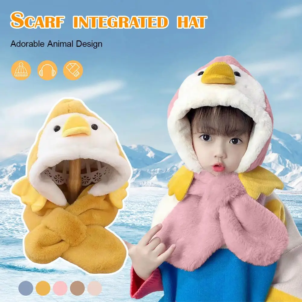 1Set Soft Cozy Winter Baby Plush Cartoon Penguin Ear Protection Hat Scarf Thick Faux Fur Windproof Coldproof Warm Kids Outdoor