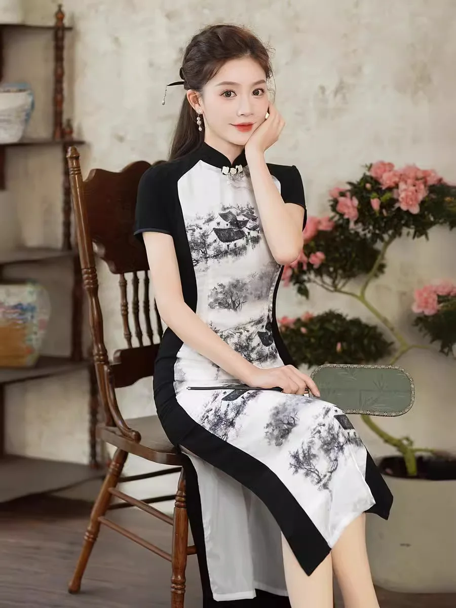 Old Shanghai Qipao Long Chinese Style Women's 2024 New Spring/Summer Chinese Painting Women's Cheongsam Dress