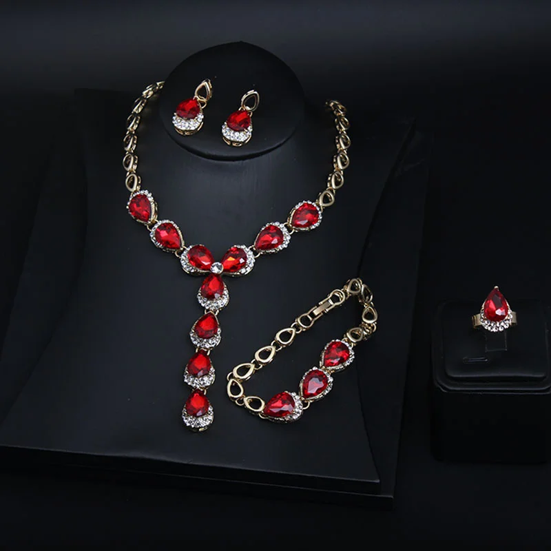 

French red gemstone necklace, earrings, bracelet and ring set - alloy women's accessory set