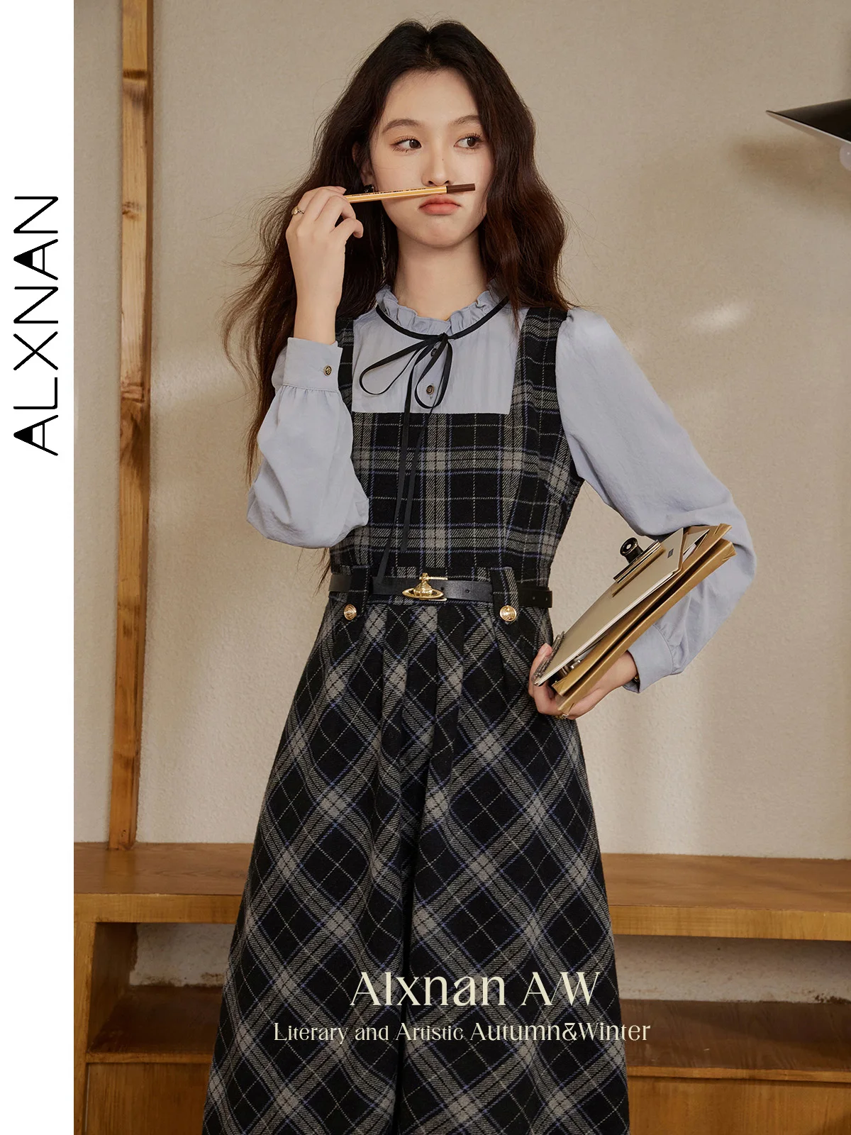 

ALXNAN Women's Preppy Dresses Autumn Retro 2 in 1 A-line Plaid Agaric O-neck Lace-up Bow Long Sleeve Metal Buttons Dress L39667