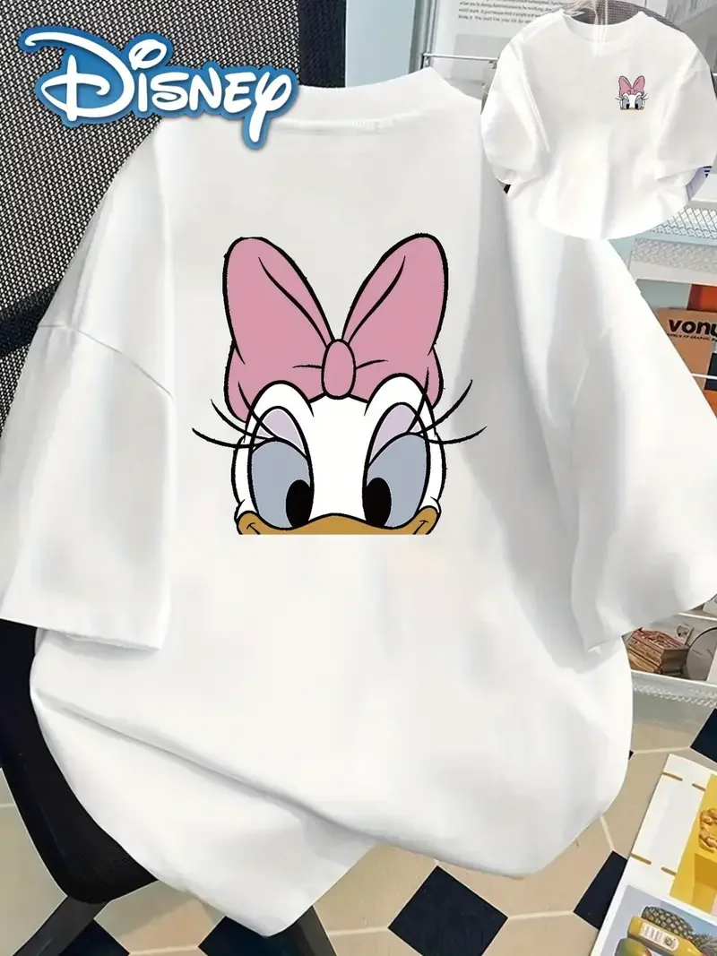 

Женская футболка Disney Daisy Duck с короткими рукавами и круглым вырезом, повседневная одежда больших размеров, футболка для девочек, топ с рисунком мультфильма для пары, унисекс