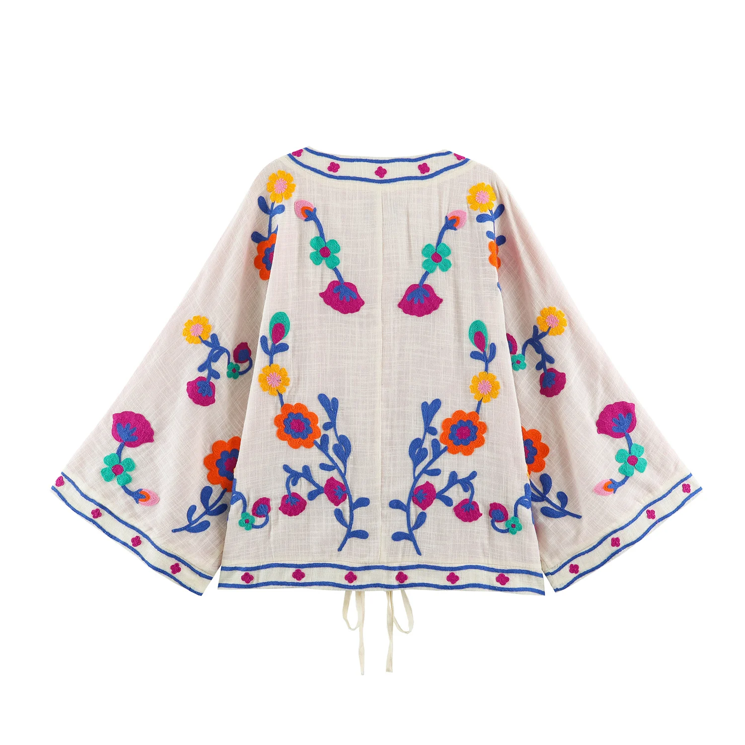 KONDALA Vintage Flower Embroidery Autumn Women Coat Fashion 2026 Lace-up V-Neck High Street Chic Loose Female Elegant Outwear