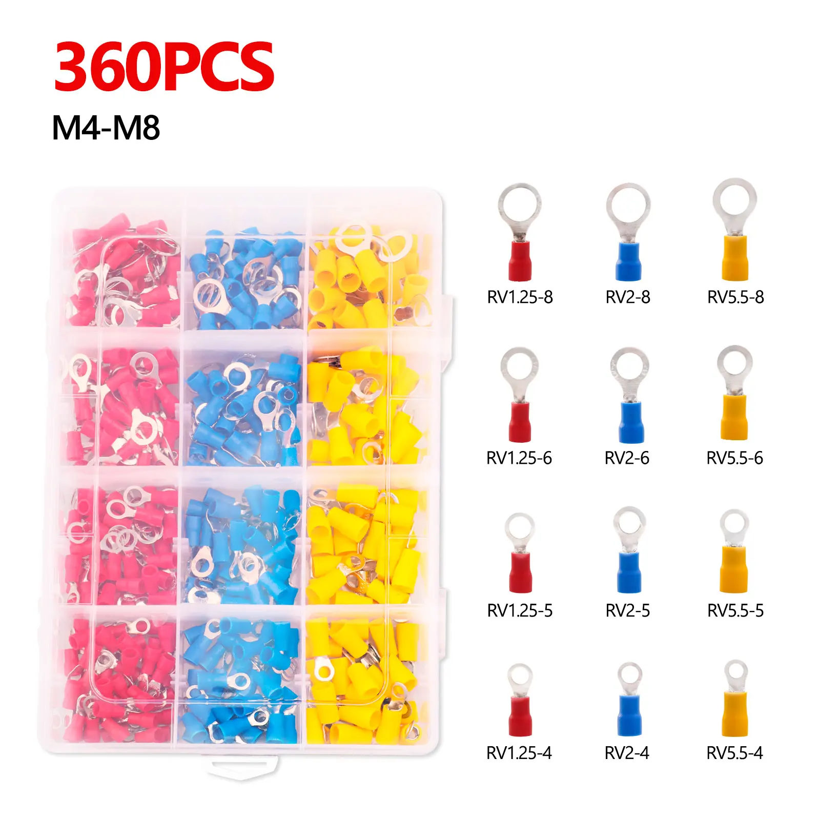 360PCS Rv1.25 Rv2 Rv5.5 Electrical Ring Crimp Wire Connectors Insulated Wiring Terminals Crimping Tool 22-10Awg Red Blue Yellow