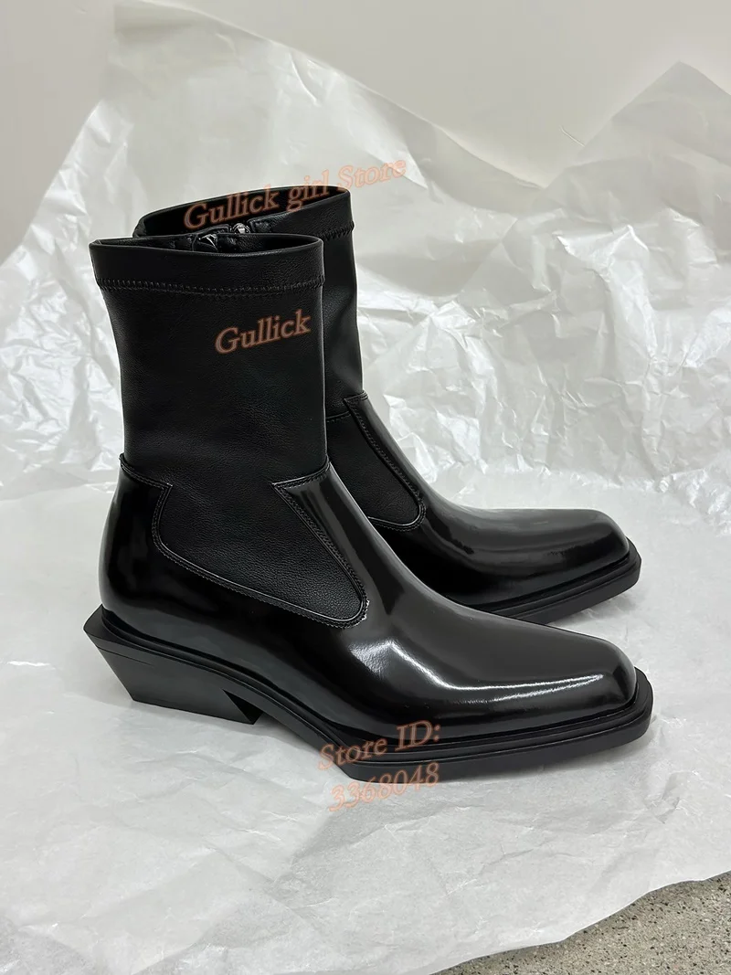 Black Leather Patchwork Ankle Booties Block Middle Heel Zipper Runway 2026 Winter Autumn Women Dress Shoes Square Toe