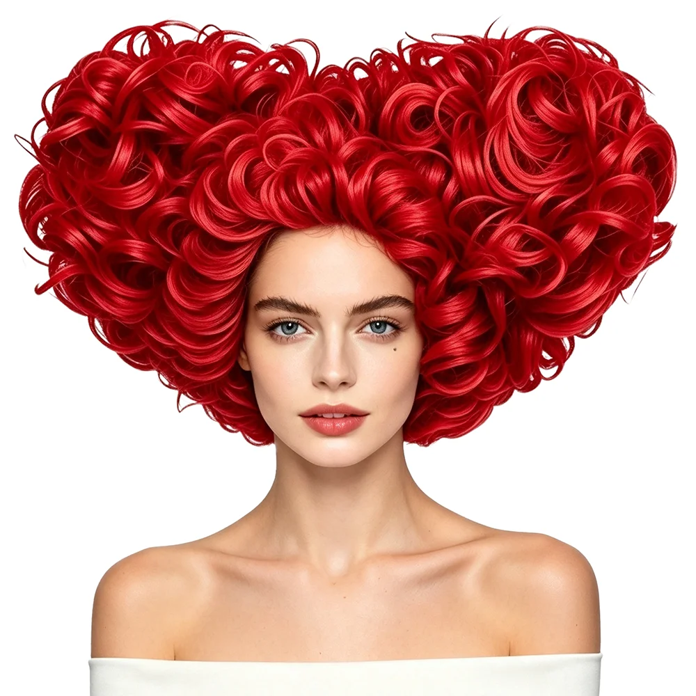 Red Queen Cosplay Wig Heart Shaped Bright Red Curly Wig Heat Resistant Synthetic Queen of Hearts Wig For Halloween Costume Party