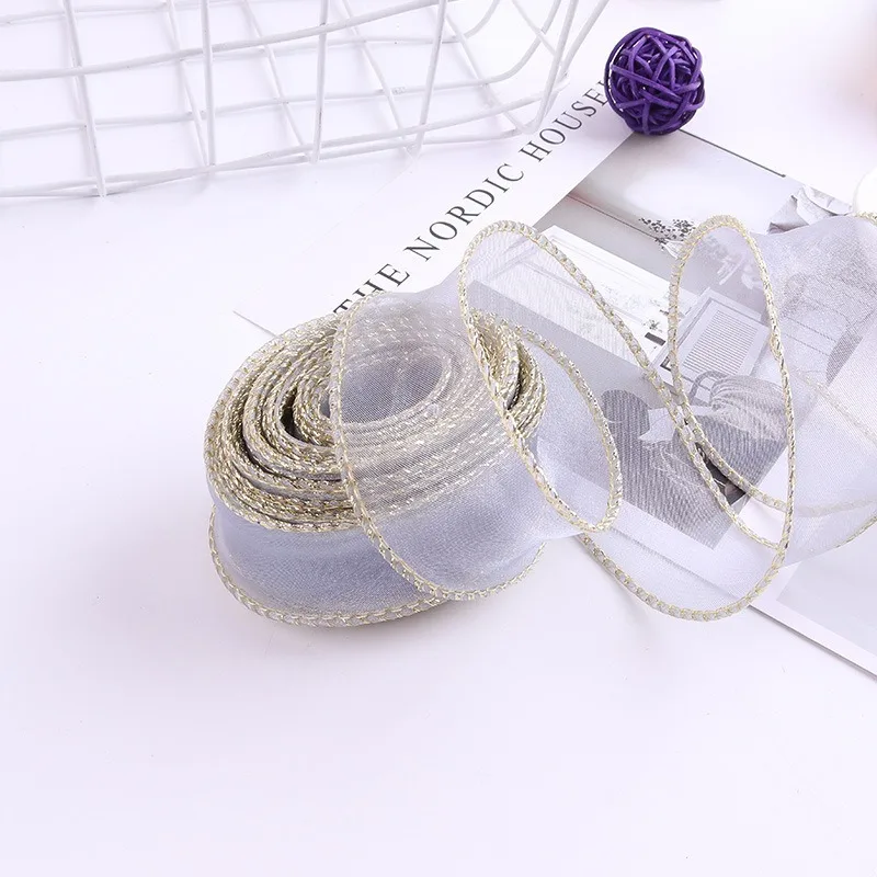 Romantic 4cm*9m  Polyester Fishtail Ribbon with Gold Rim High Quality for Gift Packing Home Decor Party Wedding Decorations