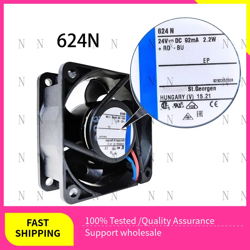 

YJJ Новый 624N ДЛЯ Ebmpaps DC 24 В 92 мА 2,2 Вт 60*60*25 мм 2-проводной 6100 об/мин электрический вентилятор для шкафа