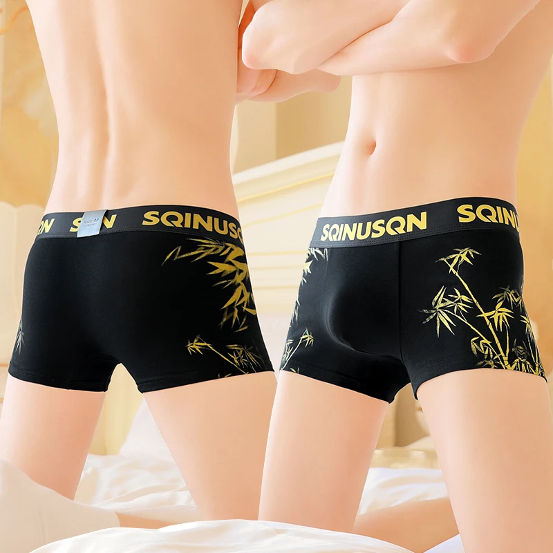 Комплект из 3 мужского нижнего белья - 95% хлопок, 5% спандекс, трусы-боксеры с золотым бамбуковым узором, черные роскошные трусы