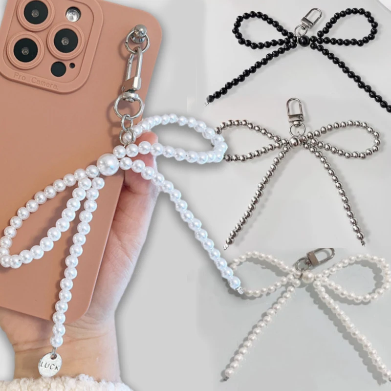 Korean Sweet Pearl Bow Phone Charm Pendant Keychain for Bag IPhone Samsung Accessories Women Girl Strap Lanyard Pendant Decor