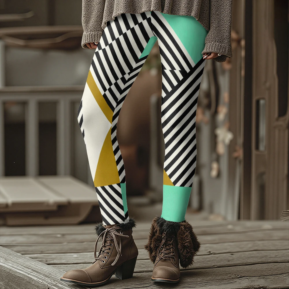 Funky Clown Style Colorful Geometric Print Thick Winter Leggings for Women Sexy Funny Tights for Yoga Casual Outer Wear