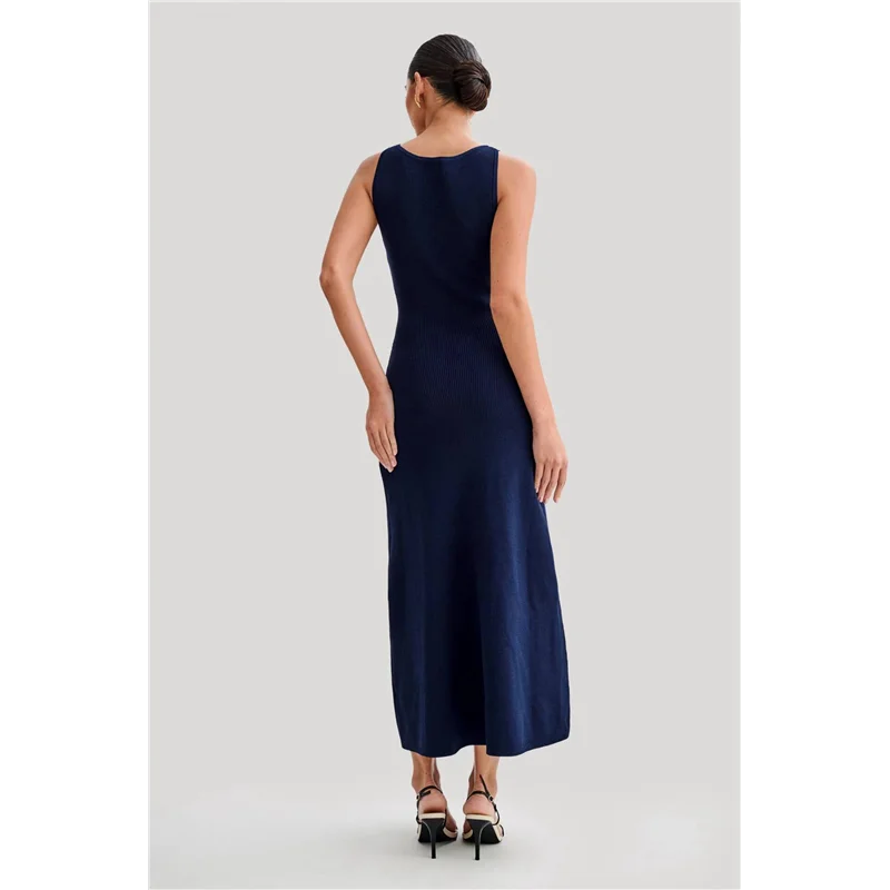 ABP-Women's Summer Sleeveless Single Breasted Knit Maxi Dress Slit Crew Neck Long Sweater Bodycon Dress