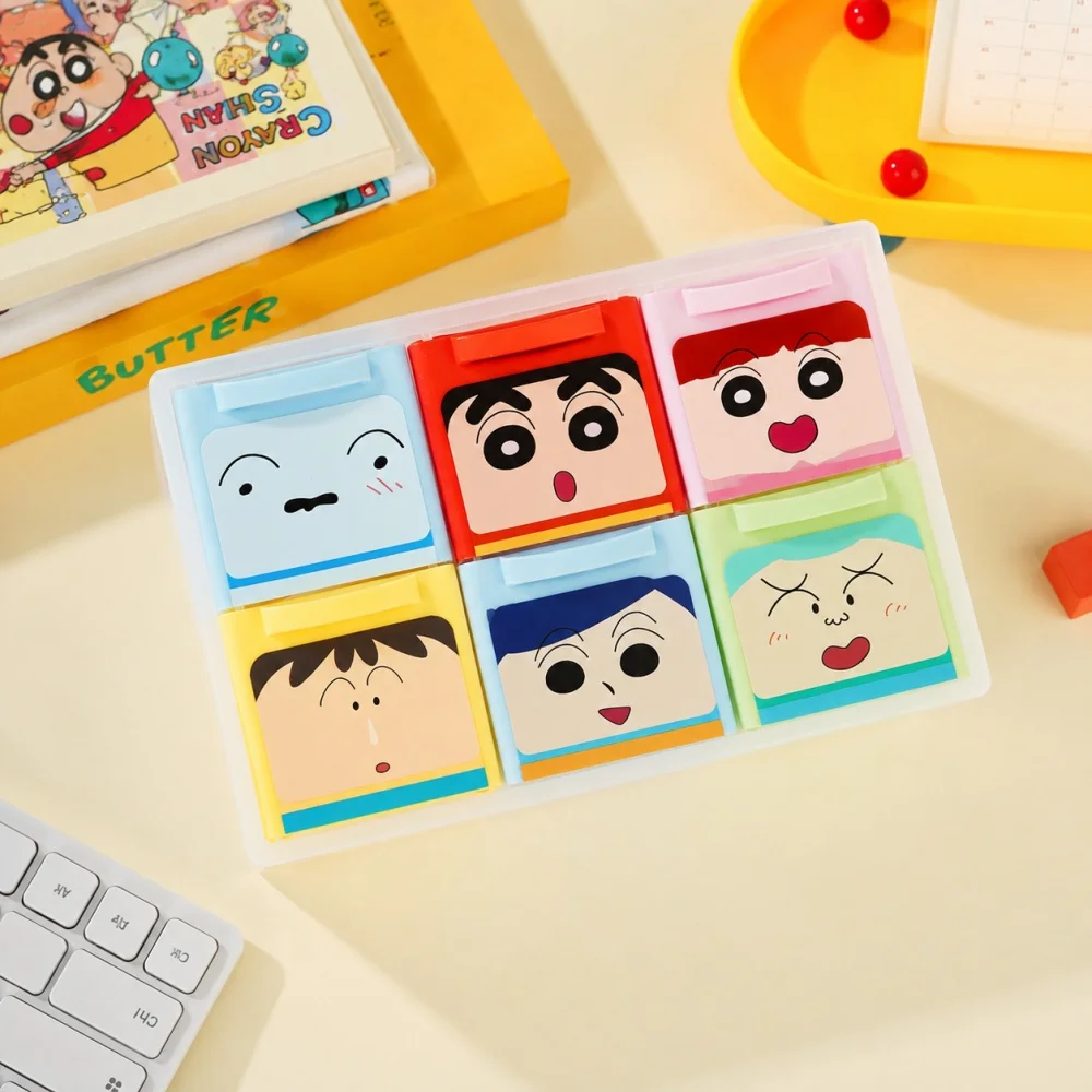 Genuine Crayon Shin-chan Desktop Drawer Storage Box 6 Slot Organizer for Pens Notes Tape Clips Tabletop Home Dorm Office