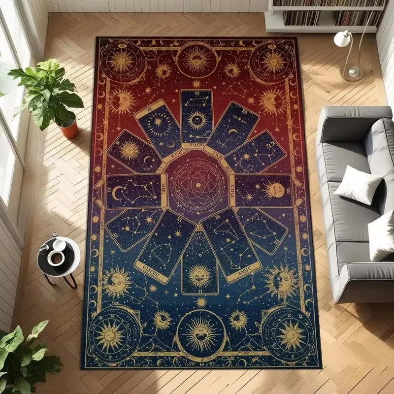 Mystic Tarot Rug Flannel Carpet Vintage Style Celestial Moon Star Witch Print Home Decor Mat for Living Room Bedroom Decoration