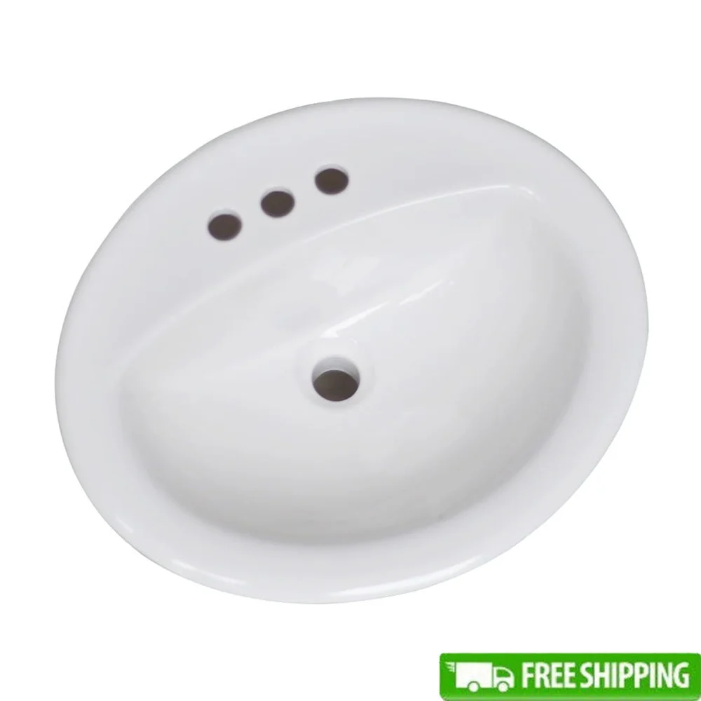 

Oval Ceramic Drop-In Sink 20 x 17 Inch Self-Rimming Bathroom Basin Easy Clean Vitreous China with 4 Inch Faucet Holes