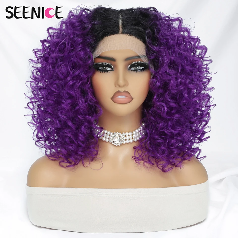 Purple Curly Synthetic Lace Front Wigs For Women Water Waves Wig Afro Kinky Curly Female Heat Resistant Lace Frontal