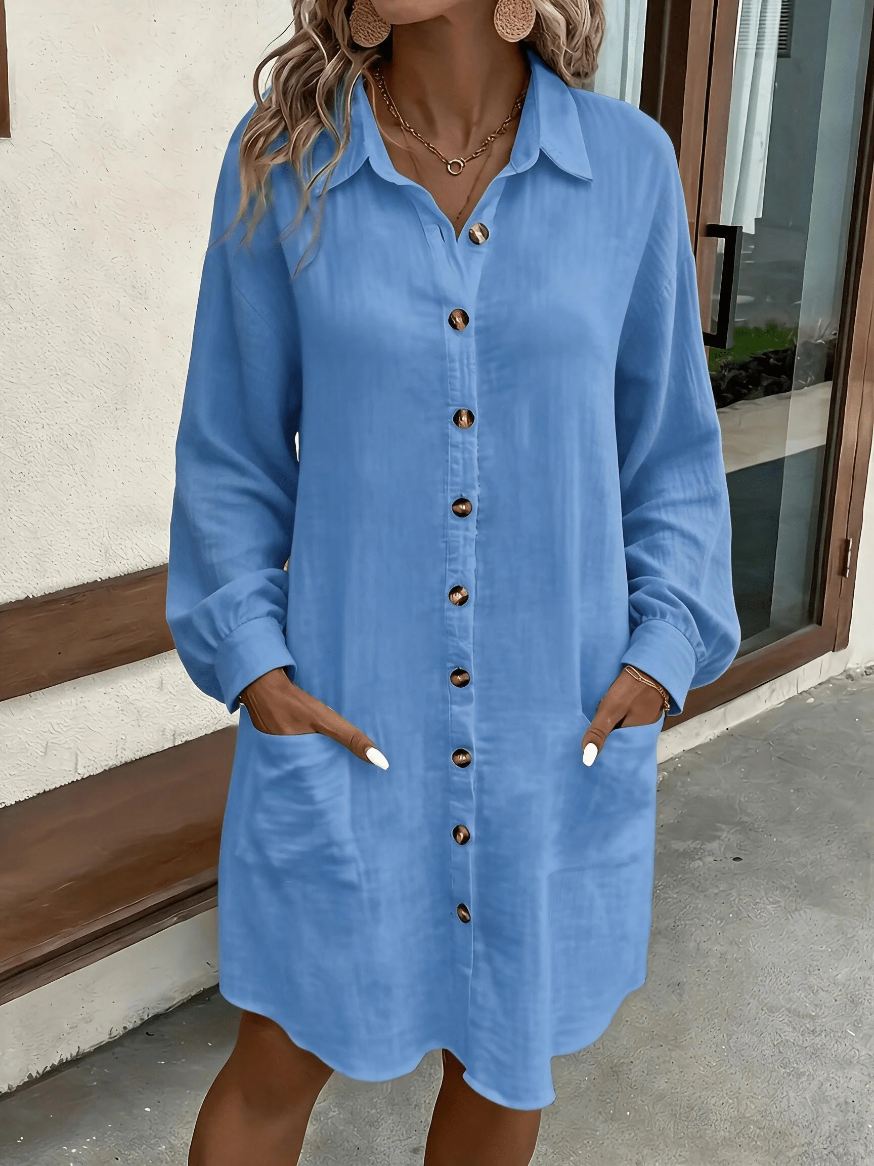 Frühling Sommer Damen Hemdkleid mit Umlegekragen, Locker Geschnittenes Übergroßes Midi-Kleid mit Knopfleiste und Seitentaschen, Lässiges Strandkleid – Detail 6