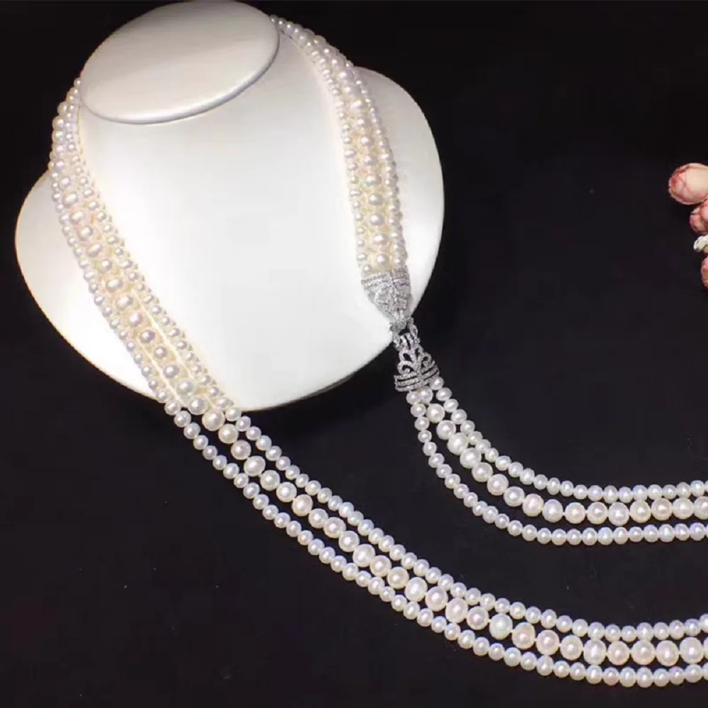 3-Row/Pearl Necklace AAAA5-6+8-9mm Natural White Pearl Necklace -22-24-26 inch -925s