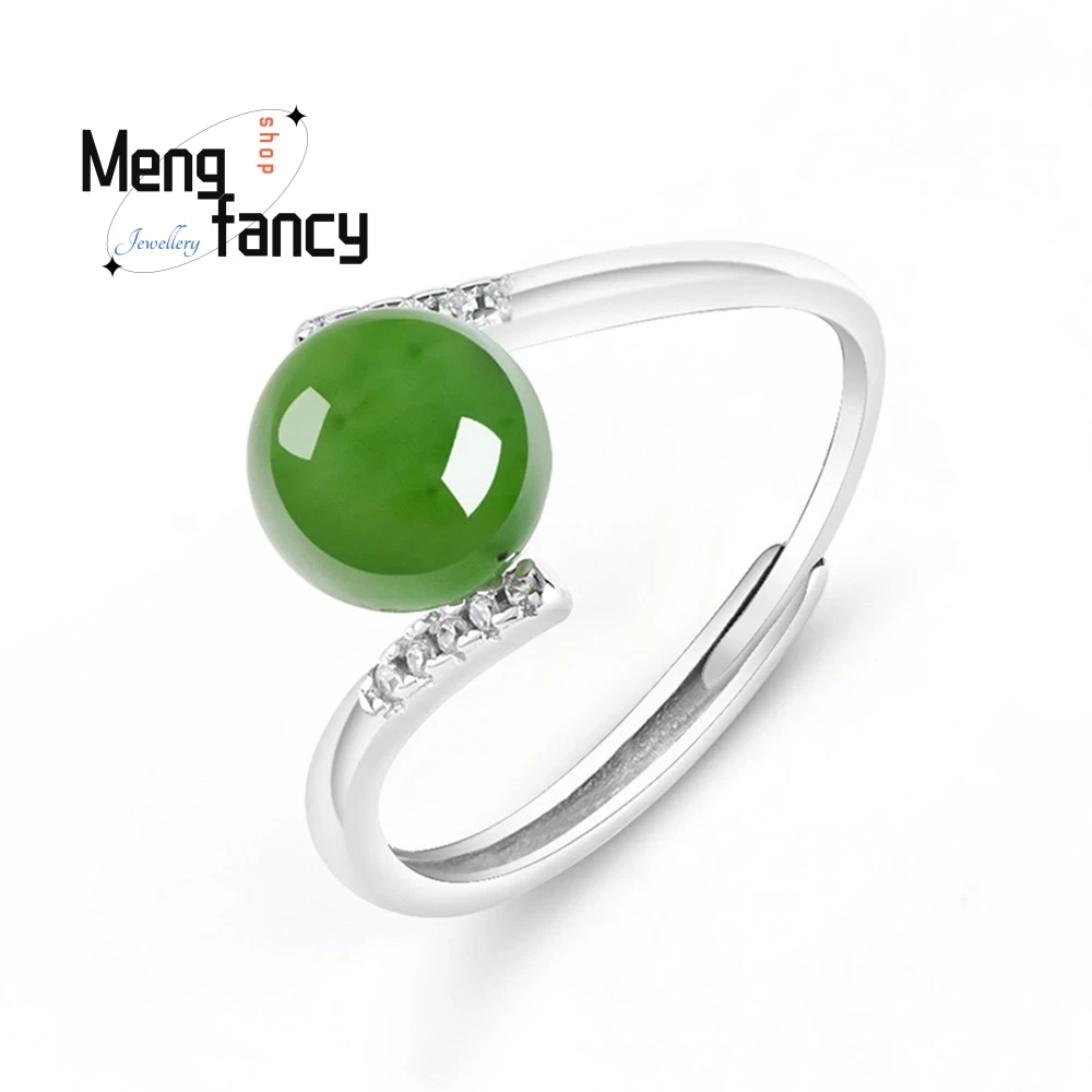 

Natural Hetian Jade Jasper Spinach Green Round Bead Jade Ring S925 Silver Inlaid Ladies Ring Fashion Ring Adjustable Popular
