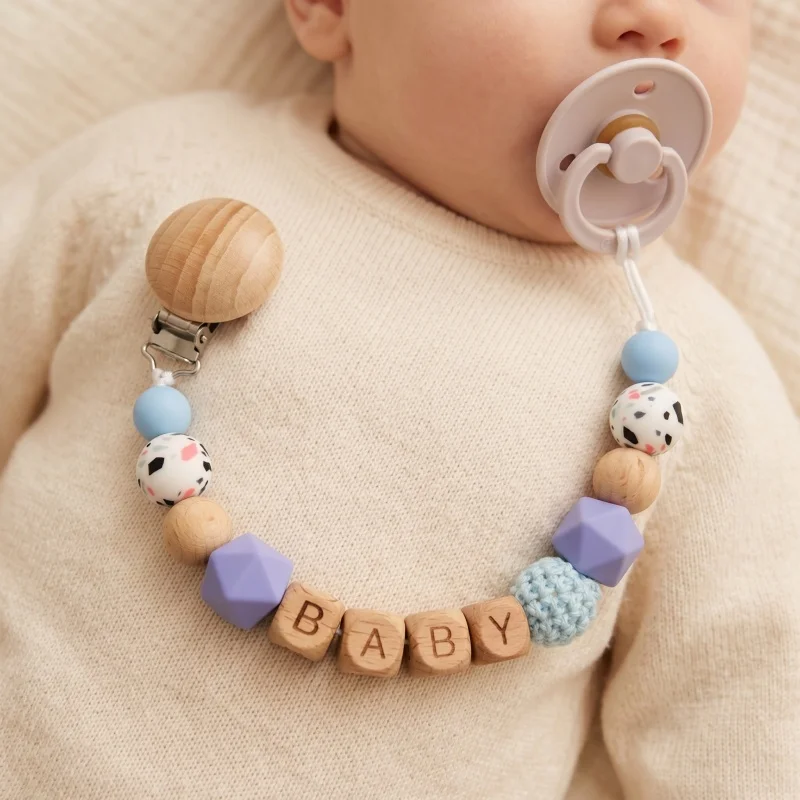 Custom Baby Pacifier Clip Food Grade Silicone Bead Beech Wood Soother Holder BPA Free Teething Toy Personalized Name Dummy Chain