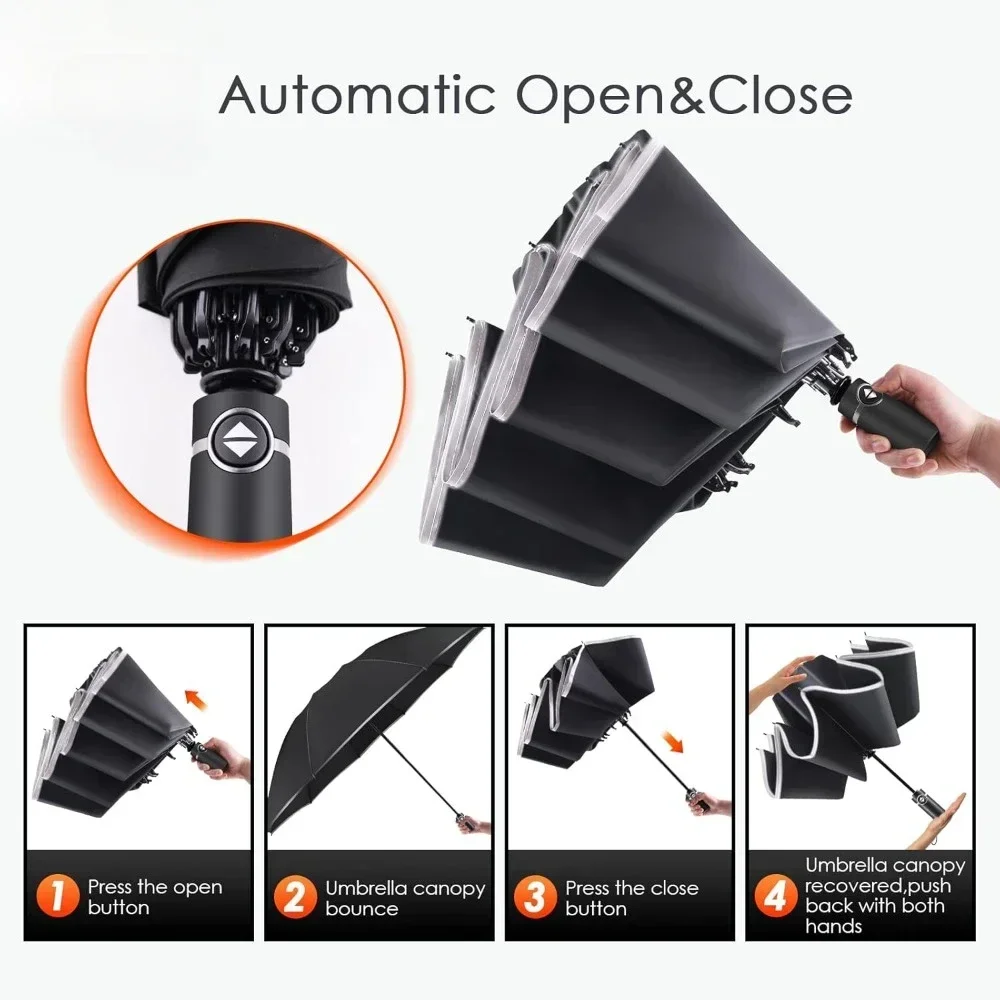 46 بوصة مقاومة للرياح للمطر والشمس، عكس مدمج مع شريط عاكس، مطلية بالتفلون للنساء والرجال، قابلة للطي مع حقيبة غطاء