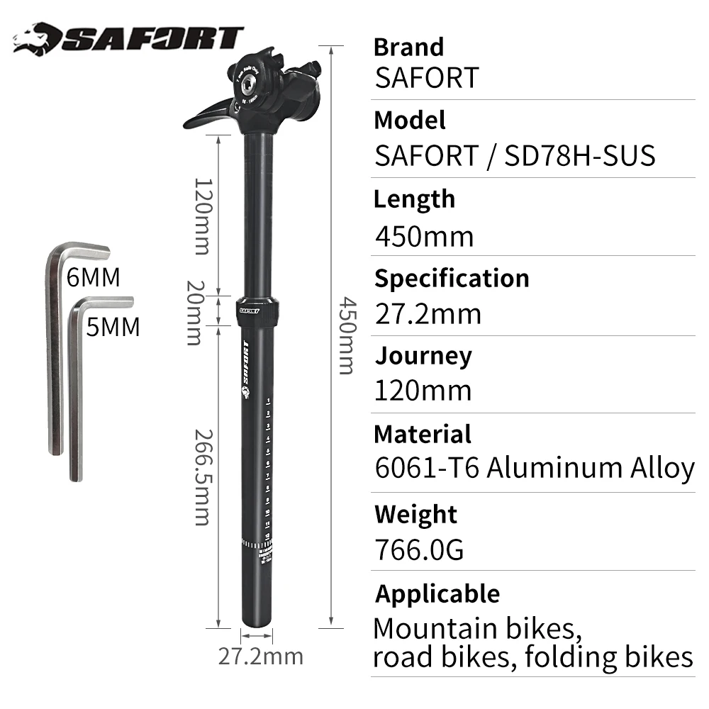 

SAFORT велосипедный амортизатор-капельница, подседельный штырь, двойная регулировка по высоте, 120, 27,2 30,4 31,6 33,9 30,9 мм, складная подъемная трубка