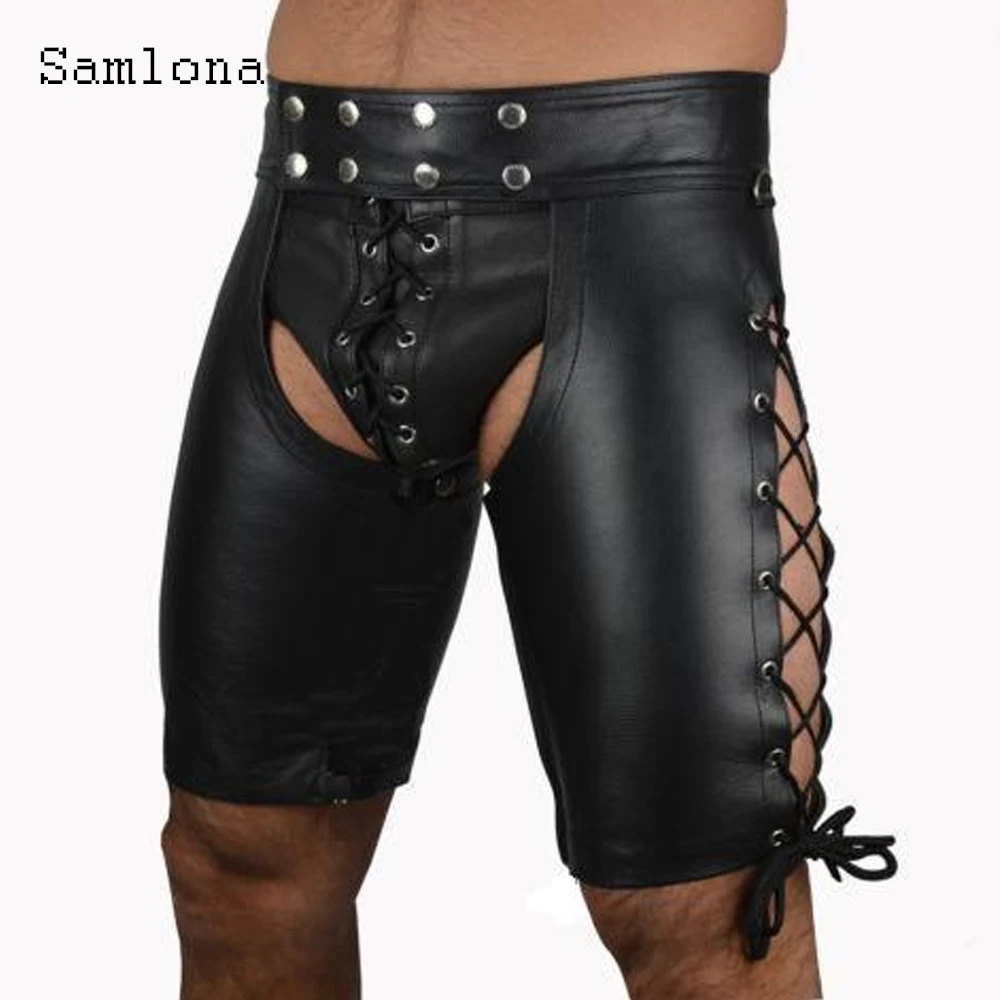 Sexy Men's Fetish Costume Shorts Open Crotch Faux Pu Leather Erotic Lingerie Wetlook 2023 New Fashion Lace-up Rivet Shorts