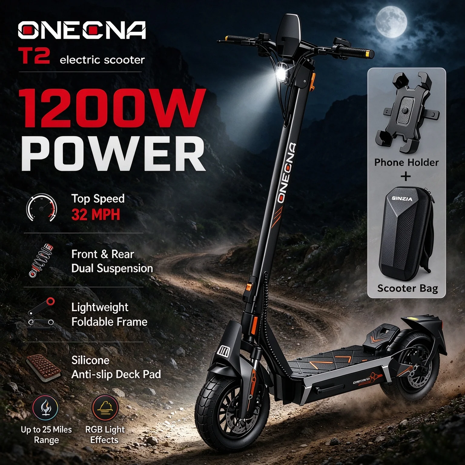 ONECNA T2 Electric Scooter 32MPH,1200W Fast E-Scooter for Adults and Teens,10 Inch Off-Road Tires, Portable and Foldable Long Range Escooter Commuter