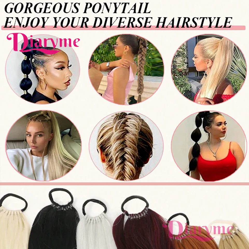 وصلات شعر صناعية مستقيمة على شكل ذيل حصان، شعر طبيعي، ذيل كاذب للنساء، شريط مطاطي على شكل ذيل حصان، قطع شعر للفتيات للحفلات اليومية #6