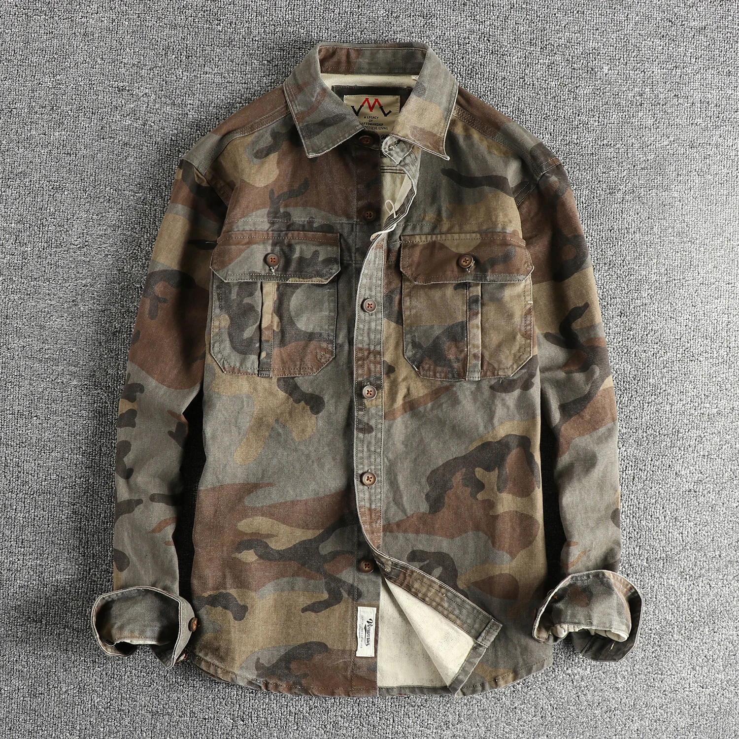 2024 Autumn and Winter New American Retro Woven Camouflage Cargo Shirt Men's 100% Cotton Washed Old Double Pockets Thin Jacket