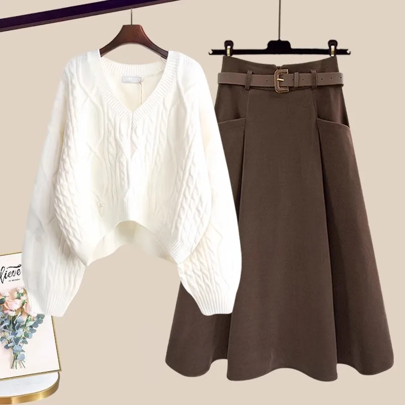 

Женский вязаный свитер с V-образным вырезом и юбка с высокой талией, облегающий комплект из двух предметов, осенне-зимний модный корейский стиль, с вырезами D...