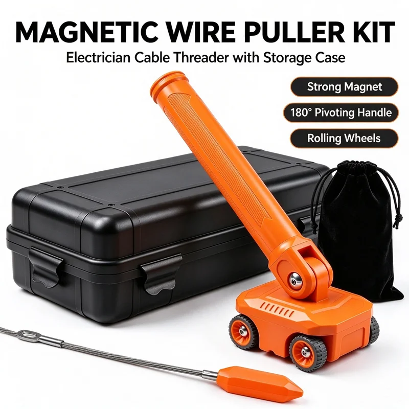 Electrician Magnetic Cable Puller 180° Pivoting Handle Wire Threading Tool Wire Fishing System for Running Wires Behind Walls