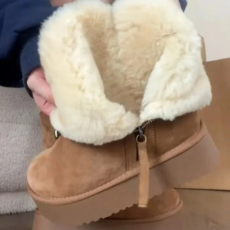 

High Quality Velvet and Thick Cotton Boots New Warm Fur Integrated Short Tube Thick Bottom Snow Boots for Women with Side Zipper