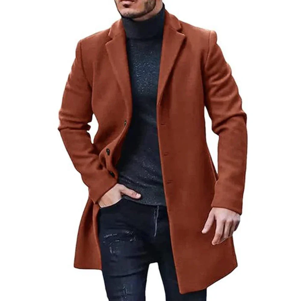 Winter New Men Woolen Coat Casual Fashion Lapel Single Breasted Youth Style Coat Mens Mid-length Slim Long Sleeve Woolen Jacket