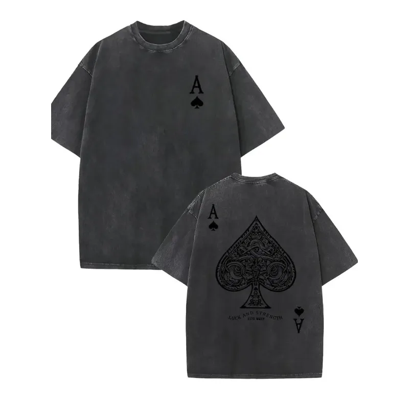 100% Cotton Vintage Washed Ace of Spades Front & Back Print Oversized Crew Neck T-Shirt,Dark Streetwear Short Sleeve Casual Tee