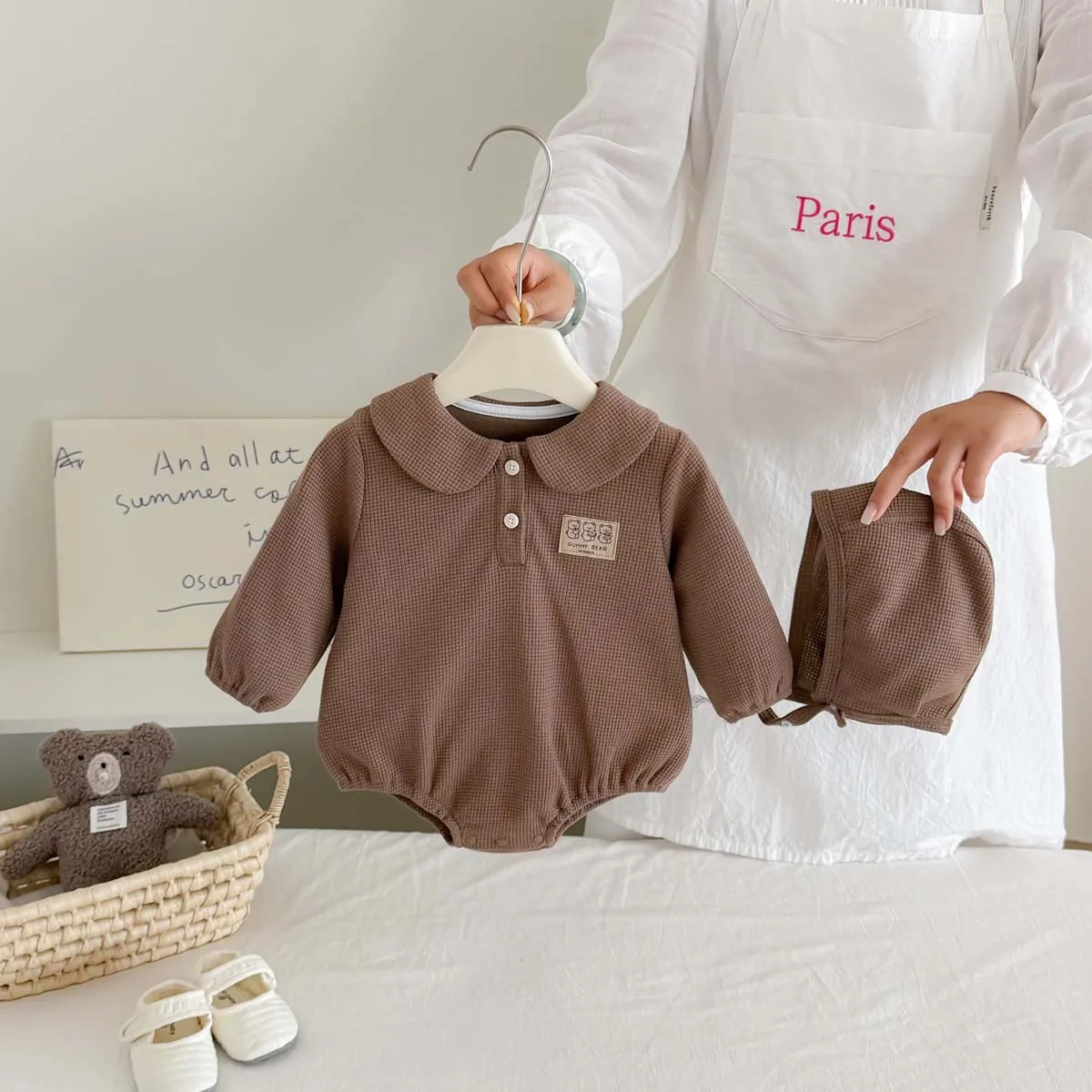 New Autumn Korean-Style Solid Waffle-Knit Long-Sleeve Onesie –(Ruffle/Peter Pan Collar) Baby Romper for Boys & Girls
