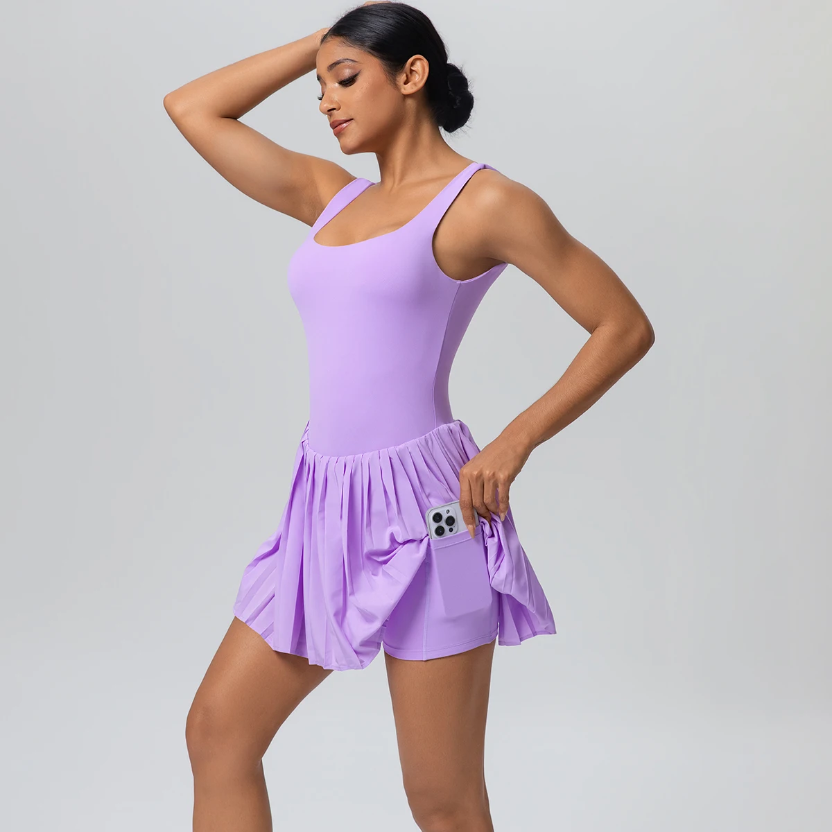 Women Naked Feel Solid Color Jumpsuit Tennis Skirt Quick-Dry Womens Dresses With Pockets Prevent Light Leakage Yoga Dress Set